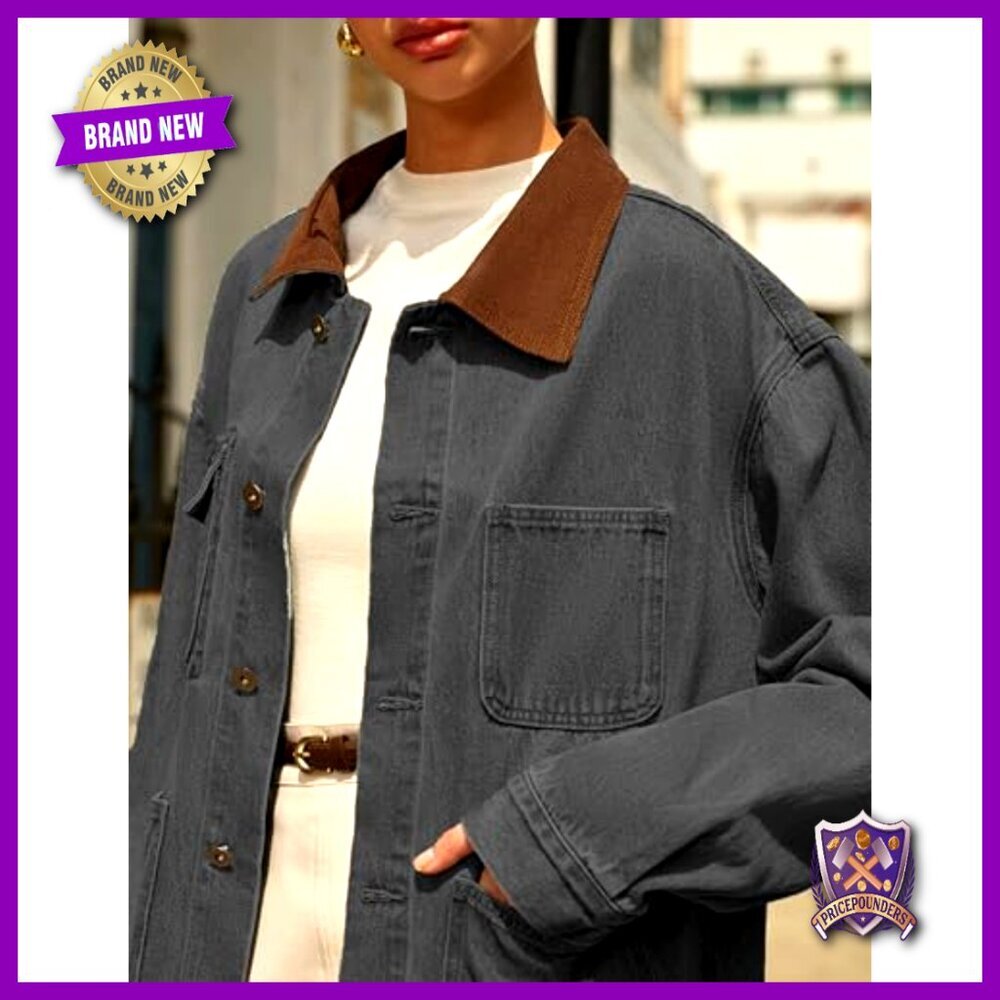 Oversized Denim Shacket Jacket Vintage Collar Button Down Relaxed Fit Chic - Picture 4 of 5